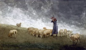 Moonlit Night 1860 Shepherdess Tending Sheep 1878