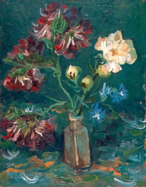 Small Bottle With Peonies And Blue Delphiniums