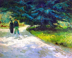 Public Garden With Couple And Blue Fir Tree