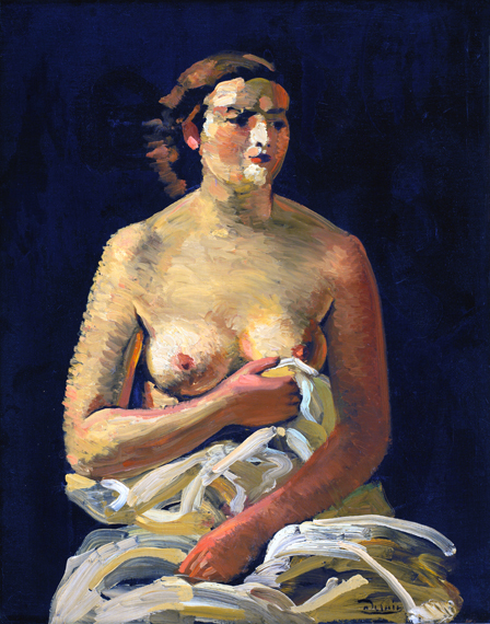 Seated female model, half naked