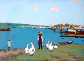 Morning On the Seine, Good Weather 1897 Gardeuse D'oies au Bord Du Loing