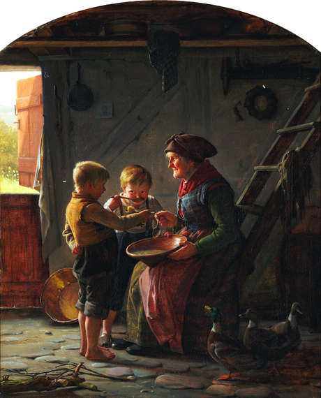 A Meal Two Boys And A Grandmother Tasting The Potato Soup