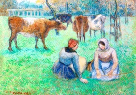 Paysannes assises Gardant des Vaches 1886