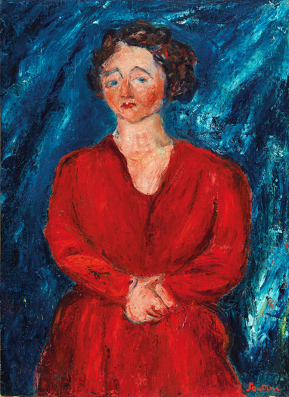 La Femme en rouge au fond bleu 1928 으로 샹 수틴, 캔버스에 유화 재현 La Femme en rouge au fond bleu 1928