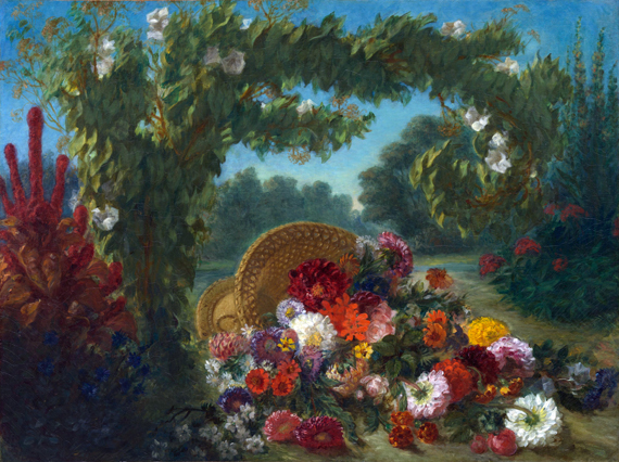 Basket of Flowers 으로 오진 들라크와, 캔버스에 유화 재현 Basket of Flowers
