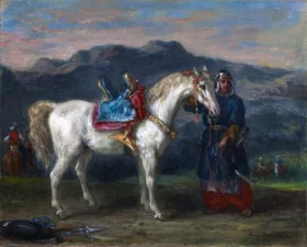 Portrait De Charles De Verninac Circassian Holding a Horse by Its Bridle 1858