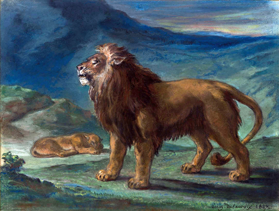 Lion and Lioness in the Mountains 1847 으로 오진 들라크와, 캔버스에 유화 재현 Lion and Lioness in the Mountains 1847