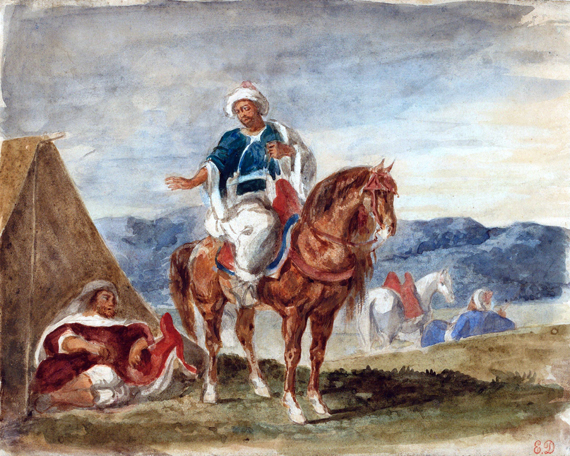 Three Arab Horsemen at an Encampment 으로 오진 들라크와, 캔버스에 유화 재현 Three Arab Horsemen at an Encampment