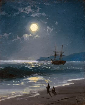 Tea house at Koishikawa, The morning after a snowfall 1830 Sailing Ship on a Calm Sea by Moonlight
