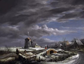 A winter landscape with figures on a path, a footbridge and windmills beyond