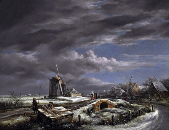 A winter landscape with figures on a path, a footbridge and windmills beyond