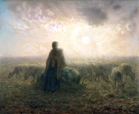 Shepherdess and Flock at Sunset