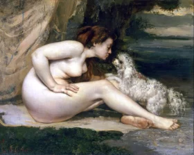Naked woman in white cloth Nude Woman with a Dog