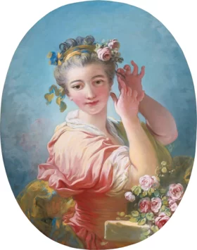 Young Woman Adorning her Powederd Coiffure with a Spray of Roses
