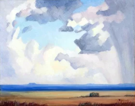 Still Life with a Curtain 1895 An Extensive landscape with an Approaching Storm