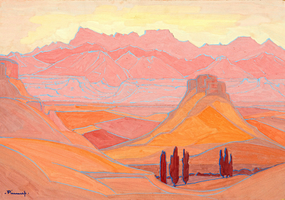 Extensive landscape in Pink, Orange and Rose 으로 야코뷔스 헨드릭 피에르네프, 캔버스에 유화 재현 Extensive landscape in Pink, Orange and Rose