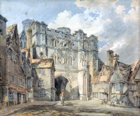 Landscape with Rustic Lovers, Two Cows, and a Man on a Distant Bridge Christ Church Gate, Canterbury
