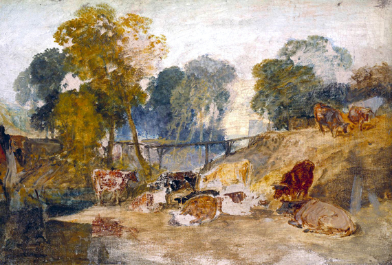 Cows in a Landscape with a Footbridge 으로, 캔버스에 유화 재현 Cows in a Landscape with a Footbridge