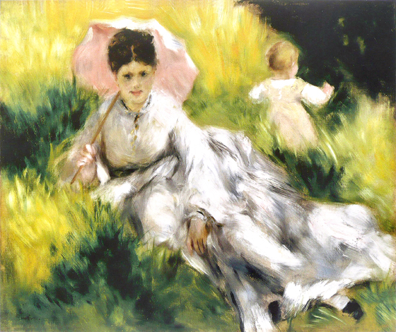 Femme a L'ombrelle Et Enfant