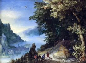 A Mountainous River Landscape With Travellers On A Hill Overlooking A Distant Town