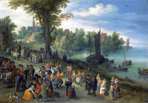 The Edge Of A Village With Figures Dancing On The Bank Of A River And A Fish 으로 피터 브뢰겔, 캔버스에 유화 재현 The Edge Of A Village With Figures Dancing On The Bank Of A River And A Fish