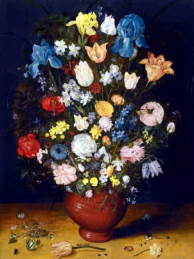 Still Life With Irises, Tulips, Roses, Narcissi And Fritillary In A Ceramic Vase