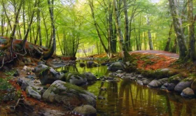 Springday in the forest near a stream with beeches and anemones in bloom 1899