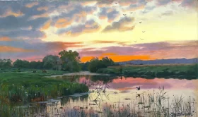 Evening view of a stream with two anglers 1897