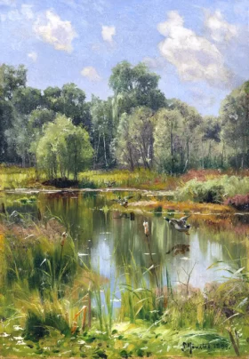 Forest pond with cattails and ducks flying, 1899