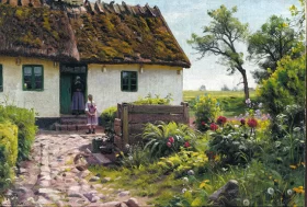 A conversation at a farmhouse with a garden in bloom 1924