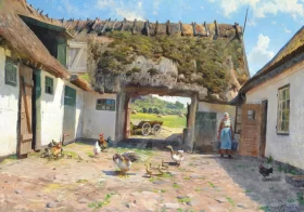 A woman among her hens and geese in a sunlit farmyard 1936