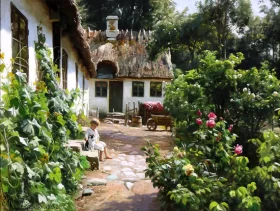 Farmhouse exterior with a little girl and a cat 1924