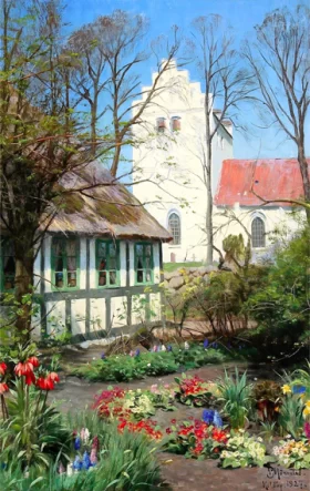 Village scenery from Samsø with a thatched house and flower beds by Koldby church 1927