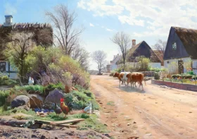 Two cows are driven through the village on a summer day 1927