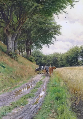 A farmer herding his cows along a path at the edge of a wood 1904