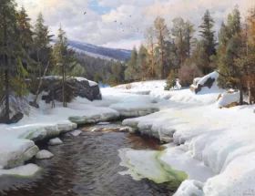A day in April with spring thaw. Jondalselven (the river of Jondal) Telemark in Norway 1935