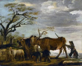 A Peasant Driving Cattle, Sheep and Goats in a Landscape 1785