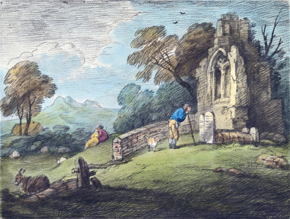 Wooded Landscape with Peasant Reading Tombstone, Rustic Lovers and Ruined Church 1797