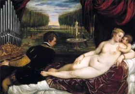 Vårlandskap med fiskande man vid å Venus with organist and Cupid 1555