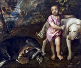 The Nurture of Bacchus 1628 Boy with Dogs in a Landscape
