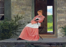 Girl reading on a stone porch 1872