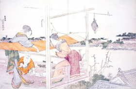 Women on a Veranda Stretching Cloth to Dry