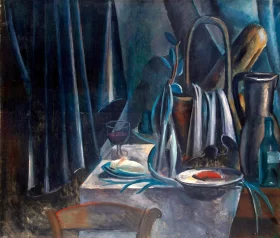 Still Life Bread Basket and Red Wine