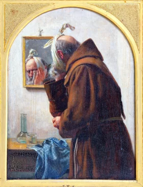 A Monk Examines Himself In A Mirror