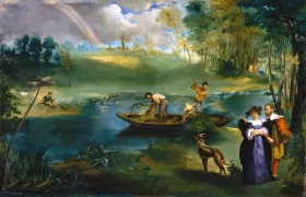 Cattle Watering by a Stream Fishing