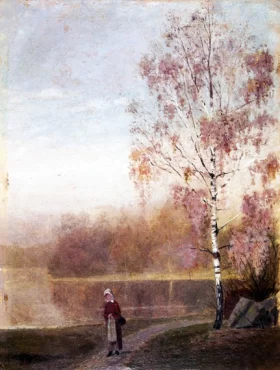 Landscape With Woman Walking By A Lake