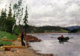 Man Rowing Towards Land