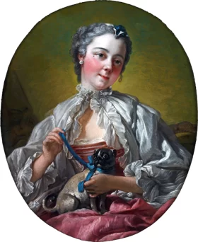 Petite Bergère A young lady holding a pug dog