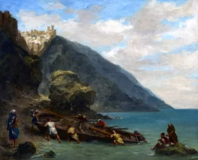 A Horse and Three Men in Arms View of Tangier From the Seashore