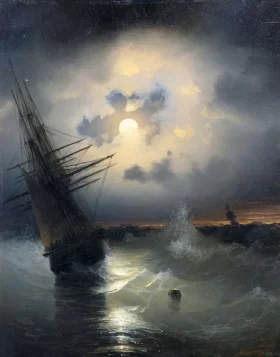 Sailing Ship on the Sea at Moonlight